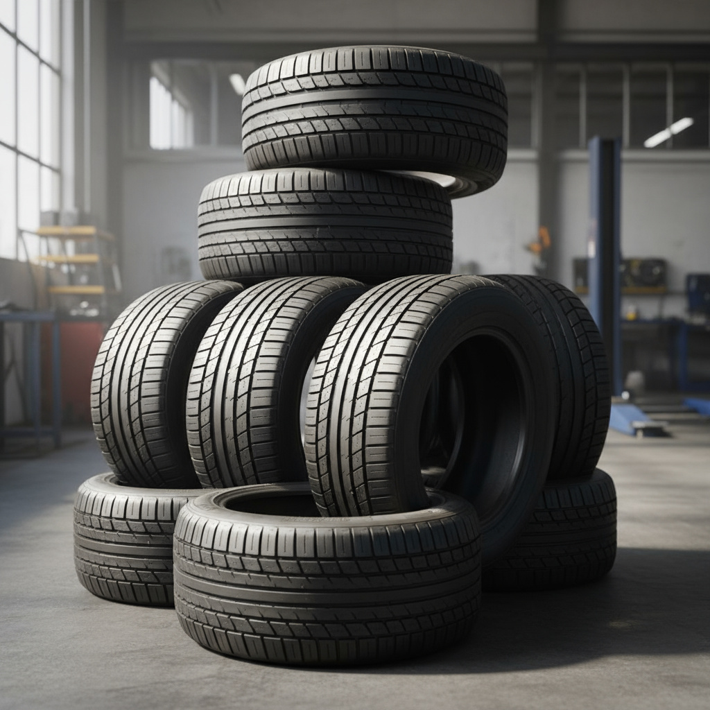 Stack of new car tyres in a bright workshop