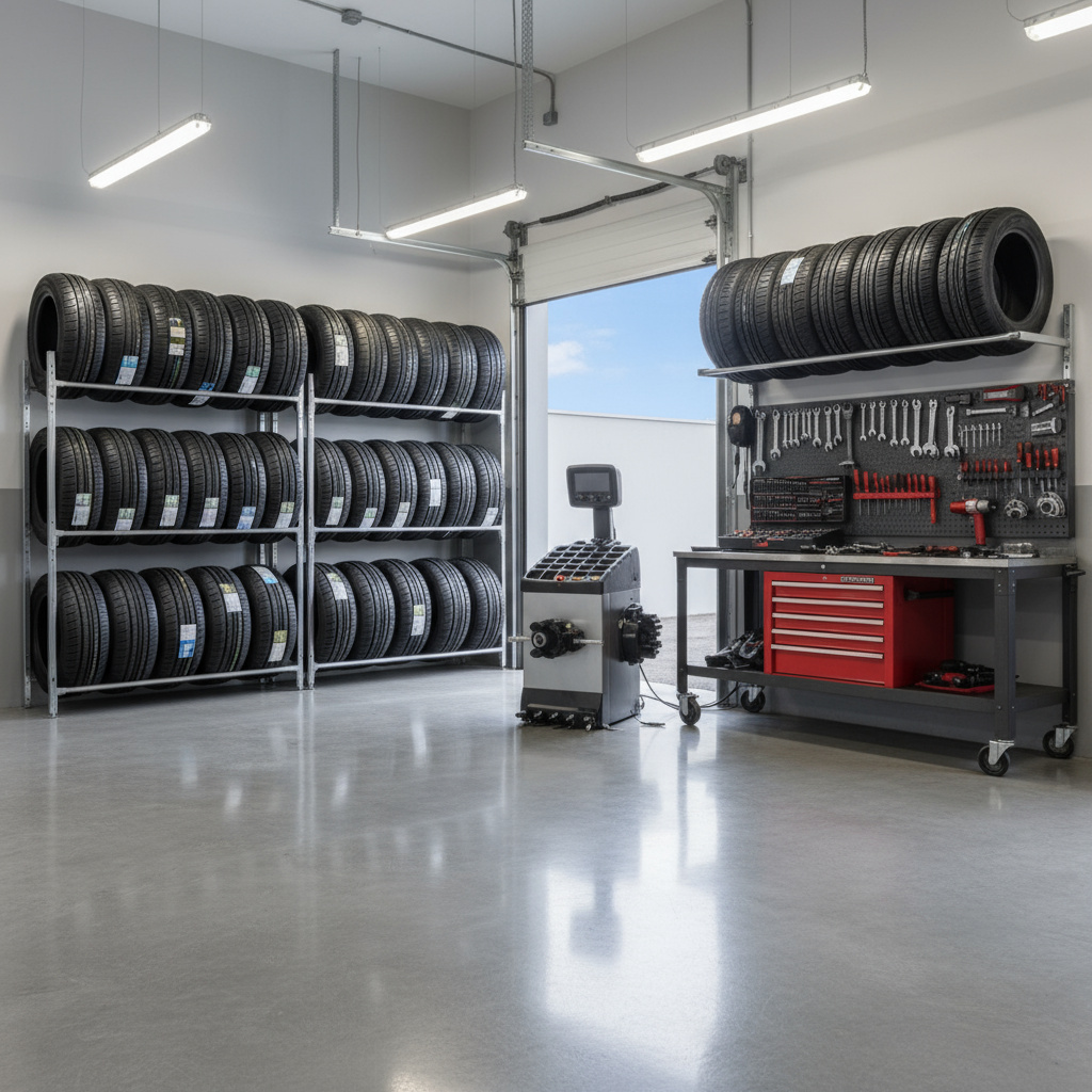 Workshop bay with tire service equipment in Qatar