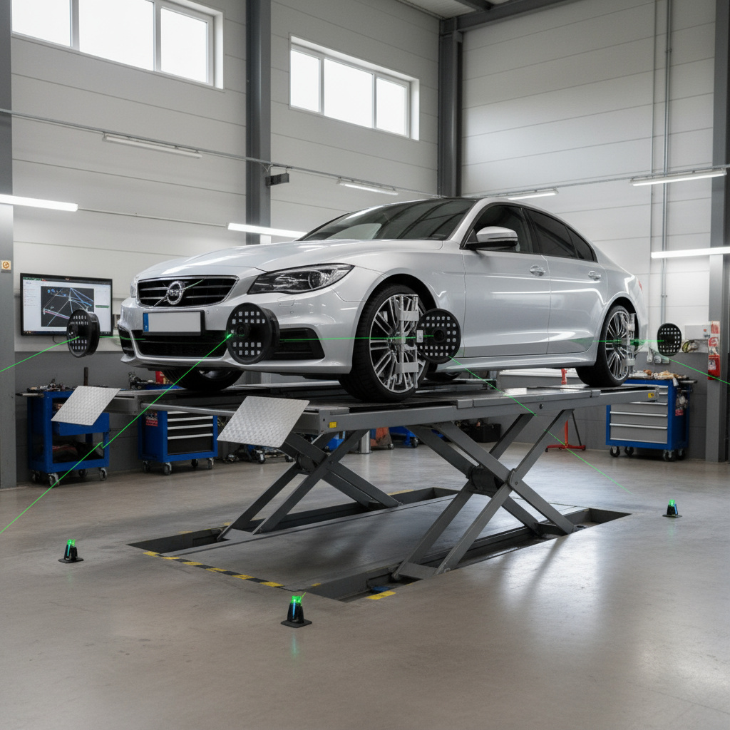 Car on an alignment rack with digital sensors attached